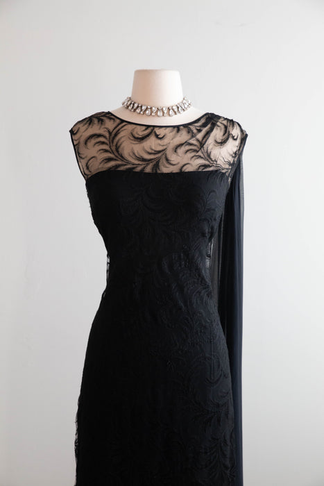 Elegant Early 1960's Feather Lace Evening Gown With Shoulder Swag From I.Magnin / M