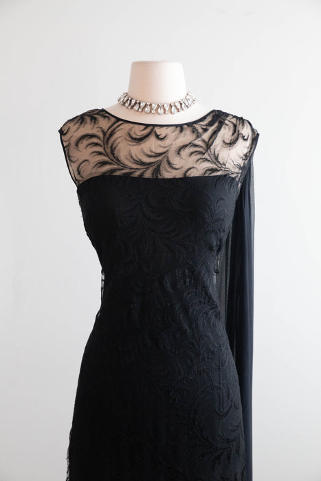 Elegant Early 1960's Feather Lace Evening Gown With Shoulder Swag From I.Magnin / M