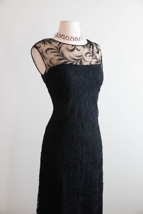 Elegant Early 1960's Feather Lace Evening Gown With Shoulder Swag From I.Magnin / M