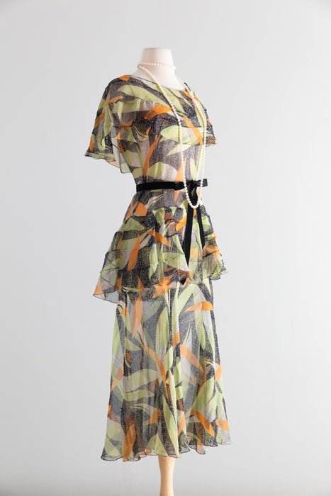 Rare Autumnal Silk Chiffon Dress From The Late 1920's / SM