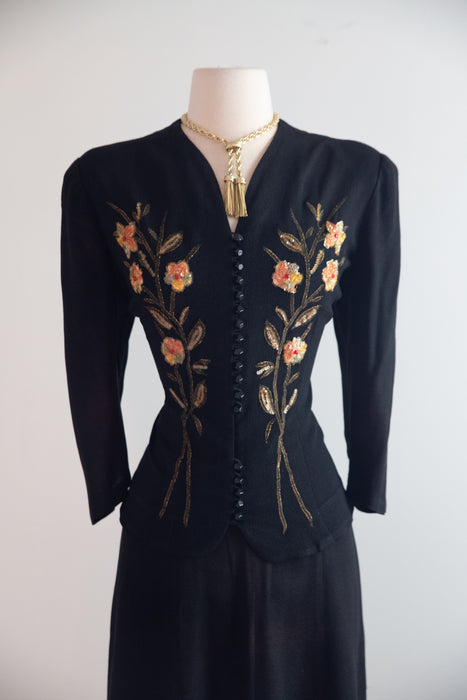 Stunning 1940's Schiaparelli Inspired Black Rayon Crepe Suit with Floral Embroidered Jacket / ML