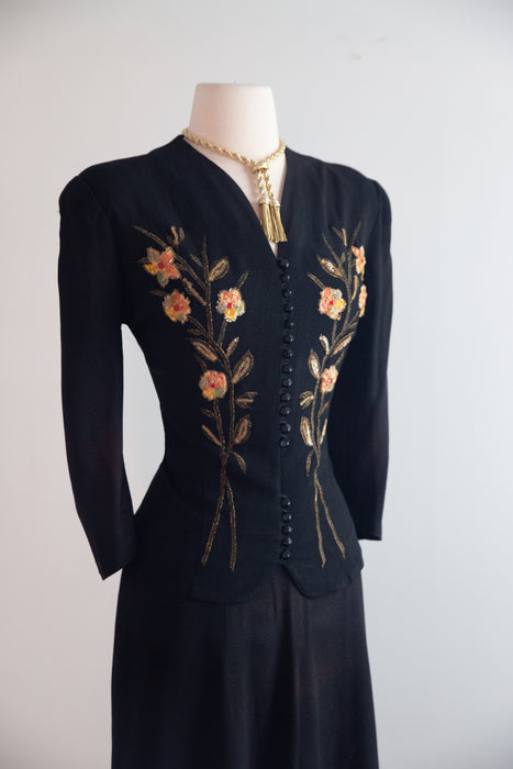 Stunning 1940's Schiaparelli Inspired Black Rayon Crepe Suit with Floral Embroidered Jacket / ML