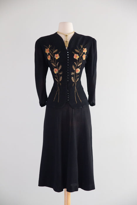 Stunning 1940's Schiaparelli Inspired Black Rayon Crepe Suit with Floral Embroidered Jacket / ML
