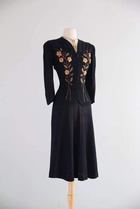 Stunning 1940's Schiaparelli Inspired Black Rayon Crepe Suit with Floral Embroidered Jacket / ML