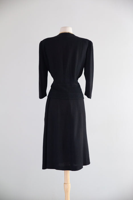 Stunning 1940's Schiaparelli Inspired Black Rayon Crepe Suit with Floral Embroidered Jacket / ML