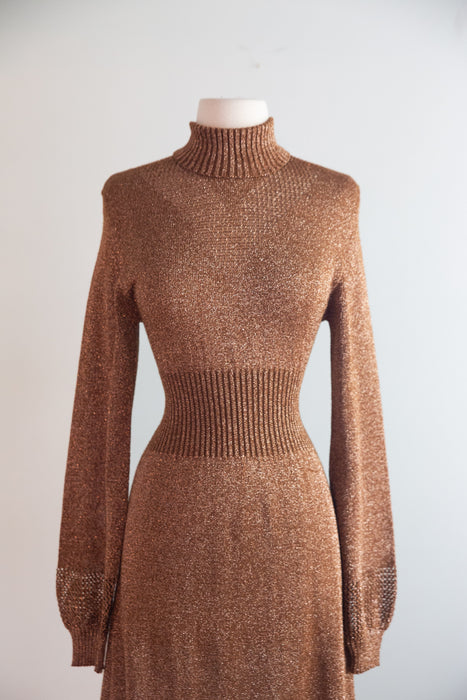 Sensual 1970's Copper Metallic Knit Dress with Bishop Sleeves By Wenjilli / ML