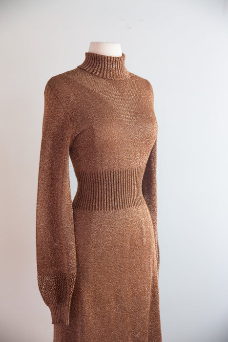 Sensual 1970's Copper Metallic Knit Dress with Bishop Sleeves By Wenjilli / ML