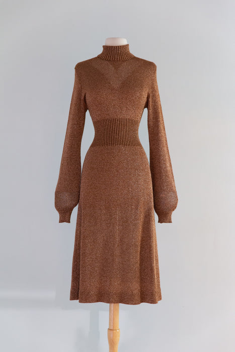 Sensual 1970's Copper Metallic Knit Dress with Bishop Sleeves By Wenjilli / ML