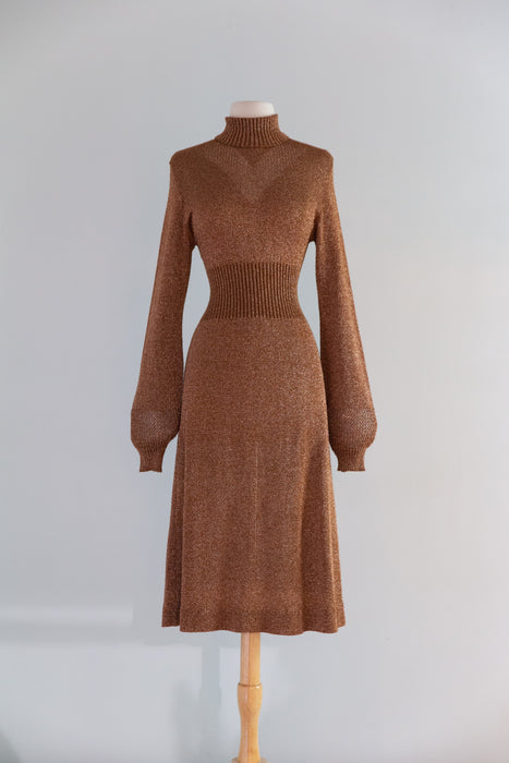 Sensual 1970's Copper Metallic Knit Dress with Bishop Sleeves By Wenjilli / ML