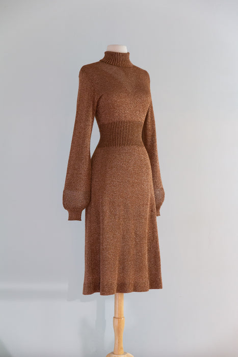 Sensual 1970's Copper Metallic Knit Dress with Bishop Sleeves By Wenjilli / ML