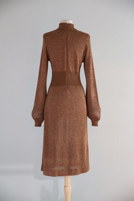 Sensual 1970's Copper Metallic Knit Dress with Bishop Sleeves By Wenjilli / ML