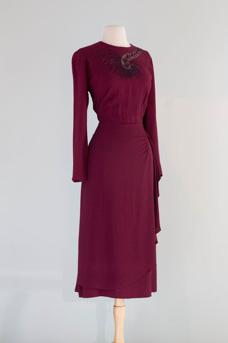 Elegant 1940's Claret Rayon Dress With Beaded Starburst Neckline / L