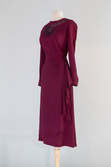 Elegant 1940's Claret Rayon Dress With Beaded Starburst Neckline / L