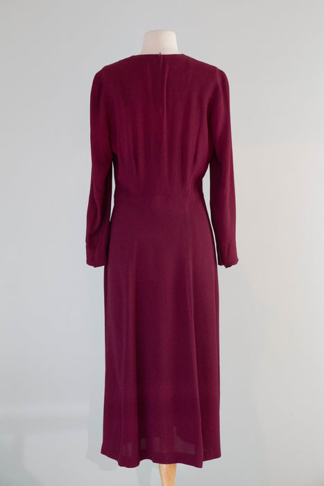 Elegant 1940's Claret Rayon Dress With Beaded Starburst Neckline / L