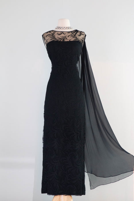Elegant Early 1960's Feather Lace Evening Gown With Shoulder Swag From I.Magnin / M