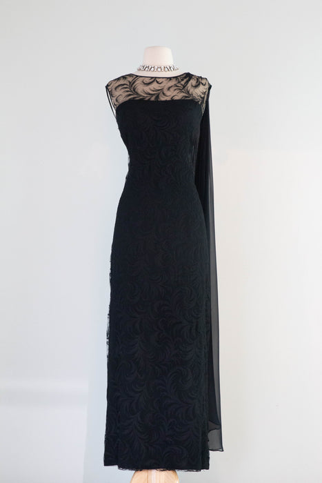 Elegant Early 1960's Feather Lace Evening Gown With Shoulder Swag From I.Magnin / M