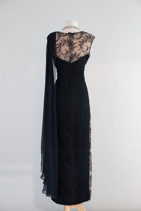 Elegant Early 1960's Feather Lace Evening Gown With Shoulder Swag From I.Magnin / M