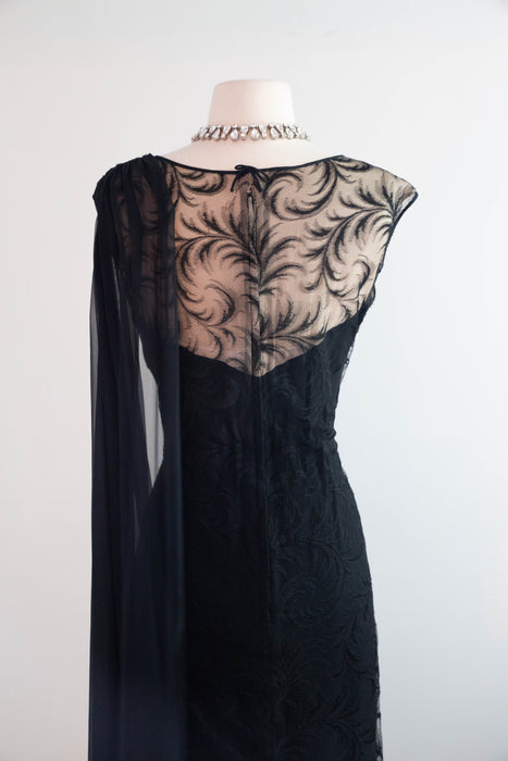Elegant Early 1960's Feather Lace Evening Gown With Shoulder Swag From I.Magnin / M