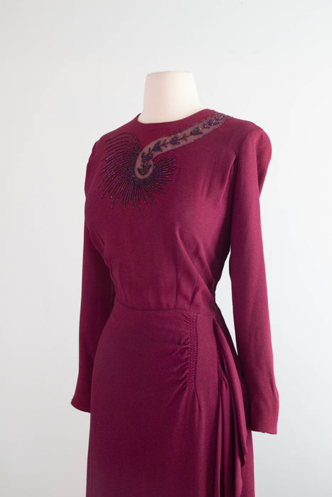 Elegant 1940's Claret Rayon Dress With Beaded Starburst Neckline / L