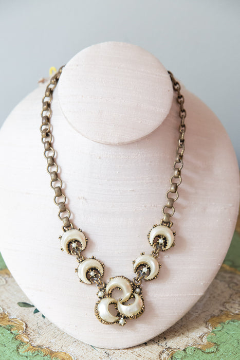 Romantic 1950's Victorian Revival Crescent Moon Pearls Necklace & Earring Set