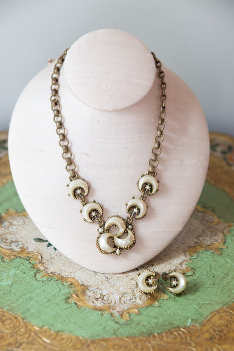 Romantic 1950's Victorian Revival Crescent Moon Pearls Necklace & Earring Set