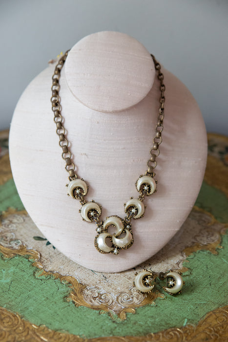 Romantic 1950's Victorian Revival Crescent Moon Pearls Necklace & Earring Set