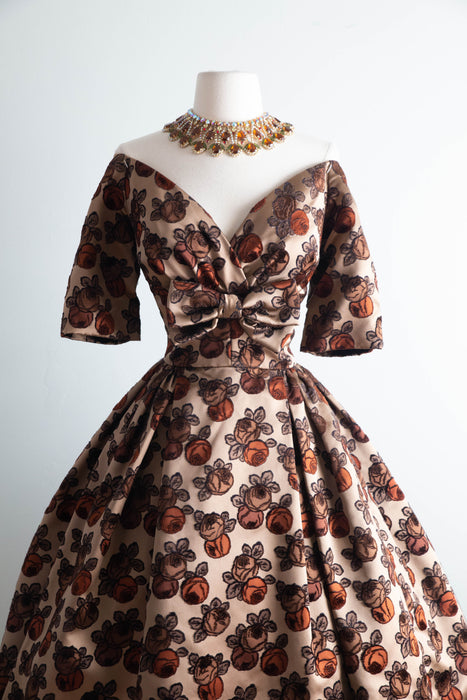 Gorgeous 1950's New Look Couture Cocoa Silk Rose Print Cocktail Dress / S