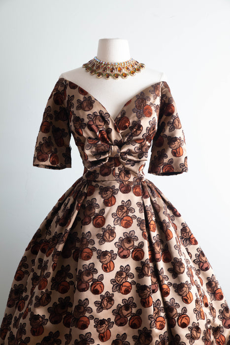 Gorgeous 1950's New Look Couture Cocoa Silk Rose Print Cocktail Dress / S