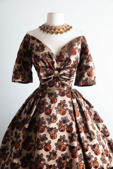 Gorgeous 1950's New Look Couture Cocoa Silk Rose Print Cocktail Dress / S