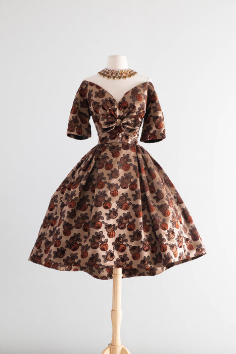 Gorgeous 1950's New Look Couture Cocoa Silk Rose Print Cocktail Dress / S