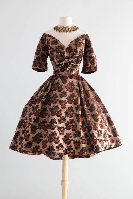 Gorgeous 1950's New Look Couture Cocoa Silk Rose Print Cocktail Dress / S