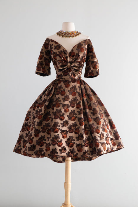 Gorgeous 1950's New Look Couture Cocoa Silk Rose Print Cocktail Dress / S