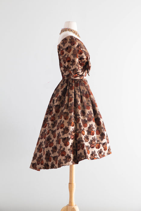 Gorgeous 1950's New Look Couture Cocoa Silk Rose Print Cocktail Dress / S