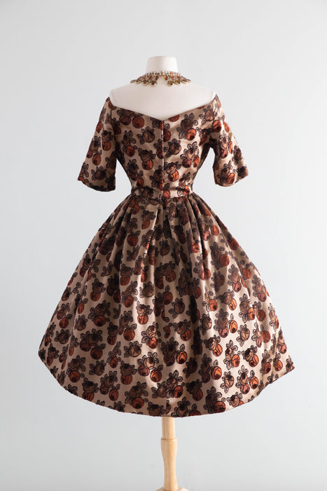 Gorgeous 1950's New Look Couture Cocoa Silk Rose Print Cocktail Dress / S