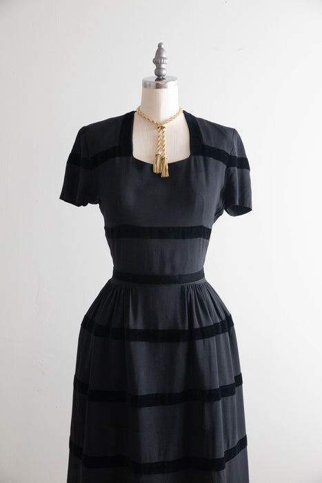 Elegant 1940's Rayon & Velvet Ringed Cocktail Dress by Doris Dodson