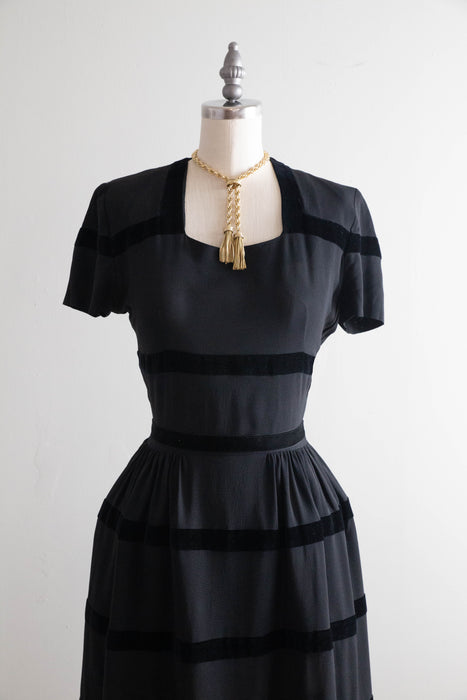 Elegant 1940's Rayon & Velvet Ringed Cocktail Dress by Doris Dodson