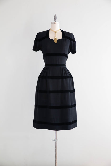 Elegant 1940's Rayon & Velvet Ringed Cocktail Dress by Doris Dodson