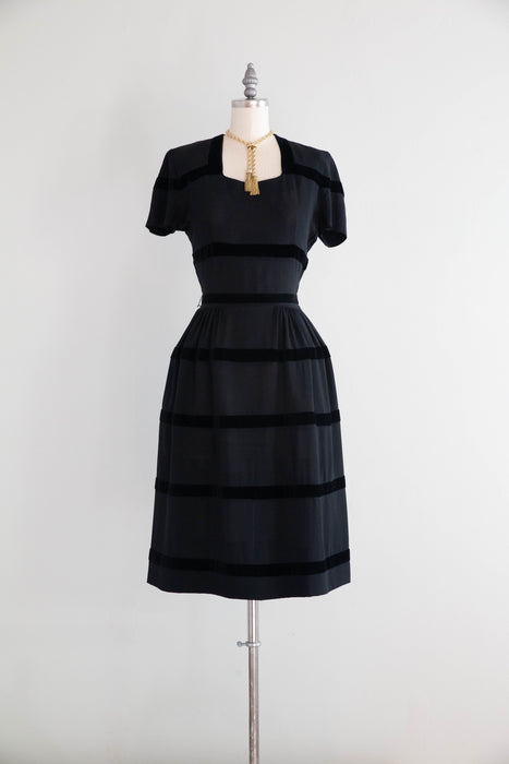 Elegant 1940's Rayon & Velvet Ringed Cocktail Dress by Doris Dodson