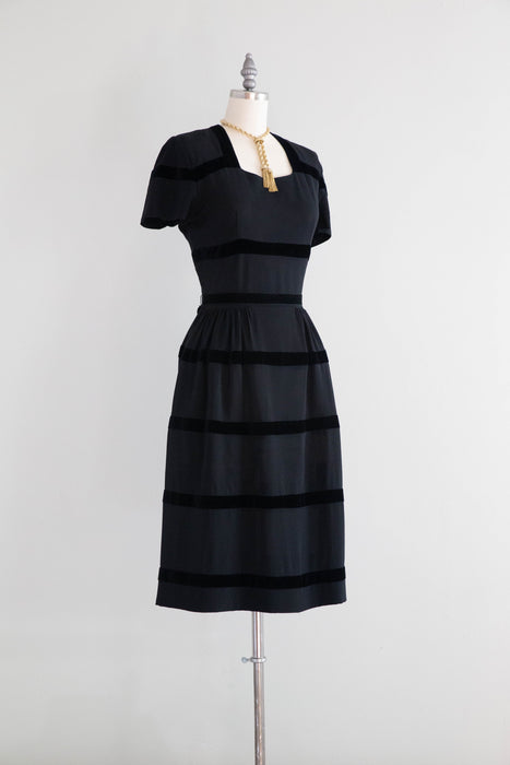 Elegant 1940's Rayon & Velvet Ringed Cocktail Dress by Doris Dodson