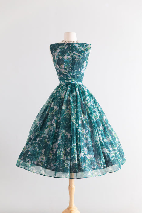 Stunning 1950's Emerald Garden Floral Print Party Dress / S