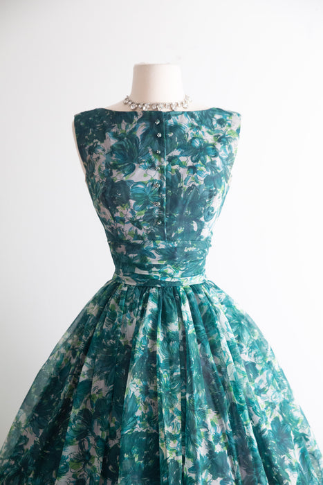 Stunning 1950's Emerald Garden Floral Print Party Dress / S