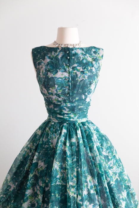 Stunning 1950's Emerald Garden Floral Print Party Dress / S