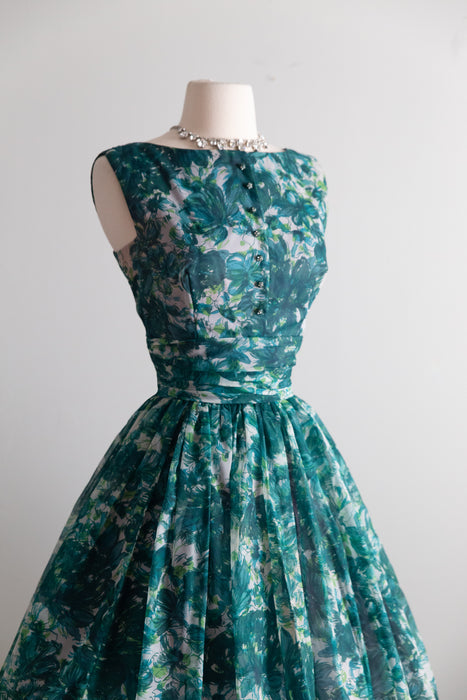 Stunning 1950's Emerald Garden Floral Print Party Dress / S