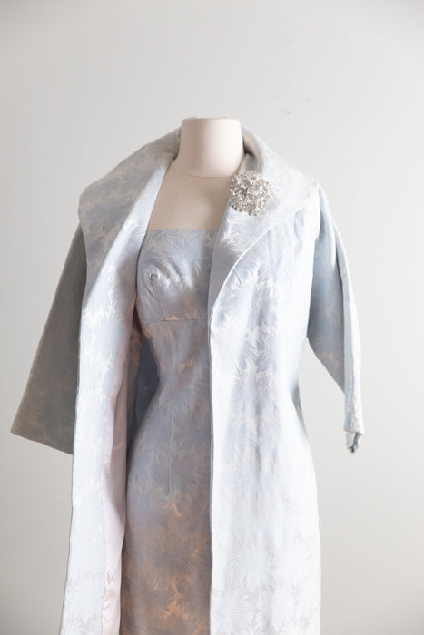 Glamorous 1950's Lilli Diamond Ice Blue Brocade Cocktail Dress & Matching Coat / S