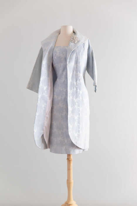 Glamorous 1950's Lilli Diamond Ice Blue Brocade Cocktail Dress & Matching Coat / S