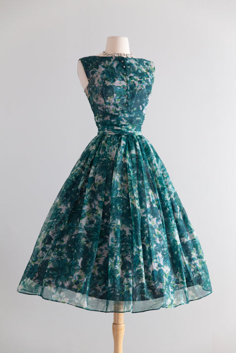 Stunning 1950's Emerald Garden Floral Print Party Dress / S