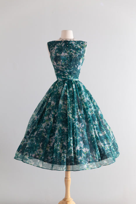 Stunning 1950's Emerald Garden Floral Print Party Dress / S