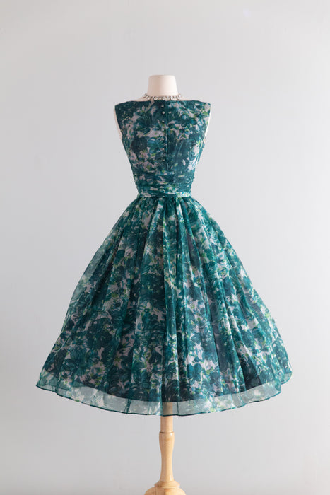 Stunning 1950's Emerald Garden Floral Print Party Dress / S