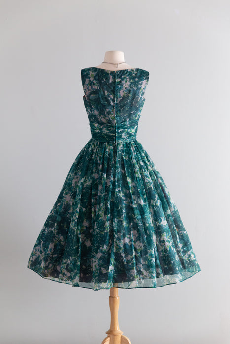 Stunning 1950's Emerald Garden Floral Print Party Dress / S