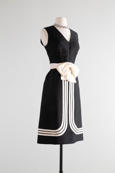 Fabulous 1960's Black & White Shantung Silk Cocktail Dress / Medium